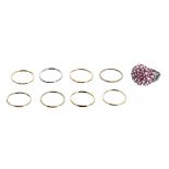 White gold pink sapphire set ring, 19mm, 8gm, ring size U/V; with eight thin 18k band rings, 9.