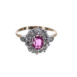 Fine certified Burmese natural corundum pink sapphire and diamond oval cluster ring, cushion-cut 0.