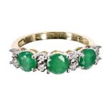 Modern 9ct emerald and diamond dress ring, width 5mm, 2.5gm, ring size M/N