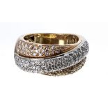 18k three colour pavé diamond crossover dress ring, width 9.5mm, 9.6gm, ring size J/K (346)