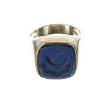 18ct hardstone intaglio seal gentleman's ring, the cushion shaped face set with a hardstone, reverse