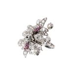 Antique large 18ct white gold customised floral spray diamond ring with cabouchon rubies, old mine-