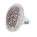 Fancy 18k white and champagne diamond set oval ring, round brilliant-cuts set in white gold, 30mm