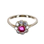 18ct ruby and diamond cluster ring, ruby 0.25ct, round brilliant-cut diamonds 0.64ct, clarity SI,