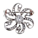 Antique circular rose diamond foliate scroll brooch, estimated 0.75ct, 9.5gm, 31mm