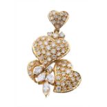 18k triple heart design diamond drop pendant, round brilliant and marquise-cut, 6.9gm, 37mm x