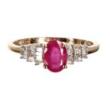 Ruby and diamond 9ct balustrade dress ring, the ruby 0.75ct approx, 7mm, 2gm, ring size P/Q