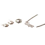 10ct Claddagh ring, 9ct rope necklace with pendant, 13gm; also a pair of 18ct ball hoop earrings,