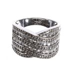 18ct white gold cross-over design diamond band ring, round brilliant-cuts, band width 13mm, 8.3gm,