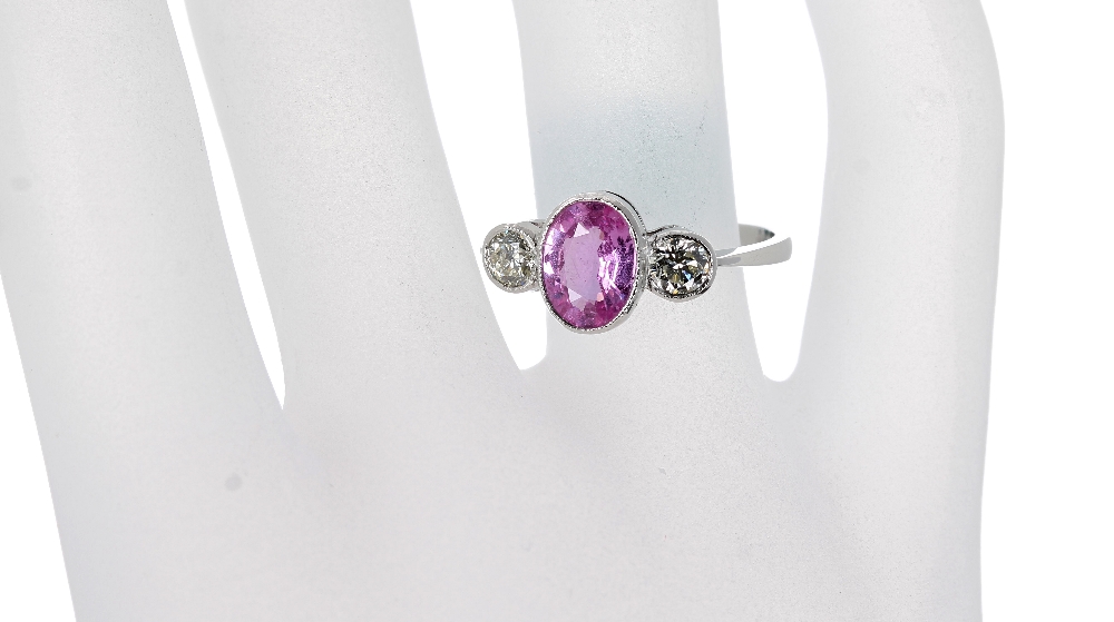 Platinum pink sapphire and diamond three stone ring - Image 2 of 3