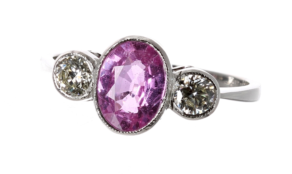 Platinum pink sapphire and diamond three stone ring - Image 3 of 3