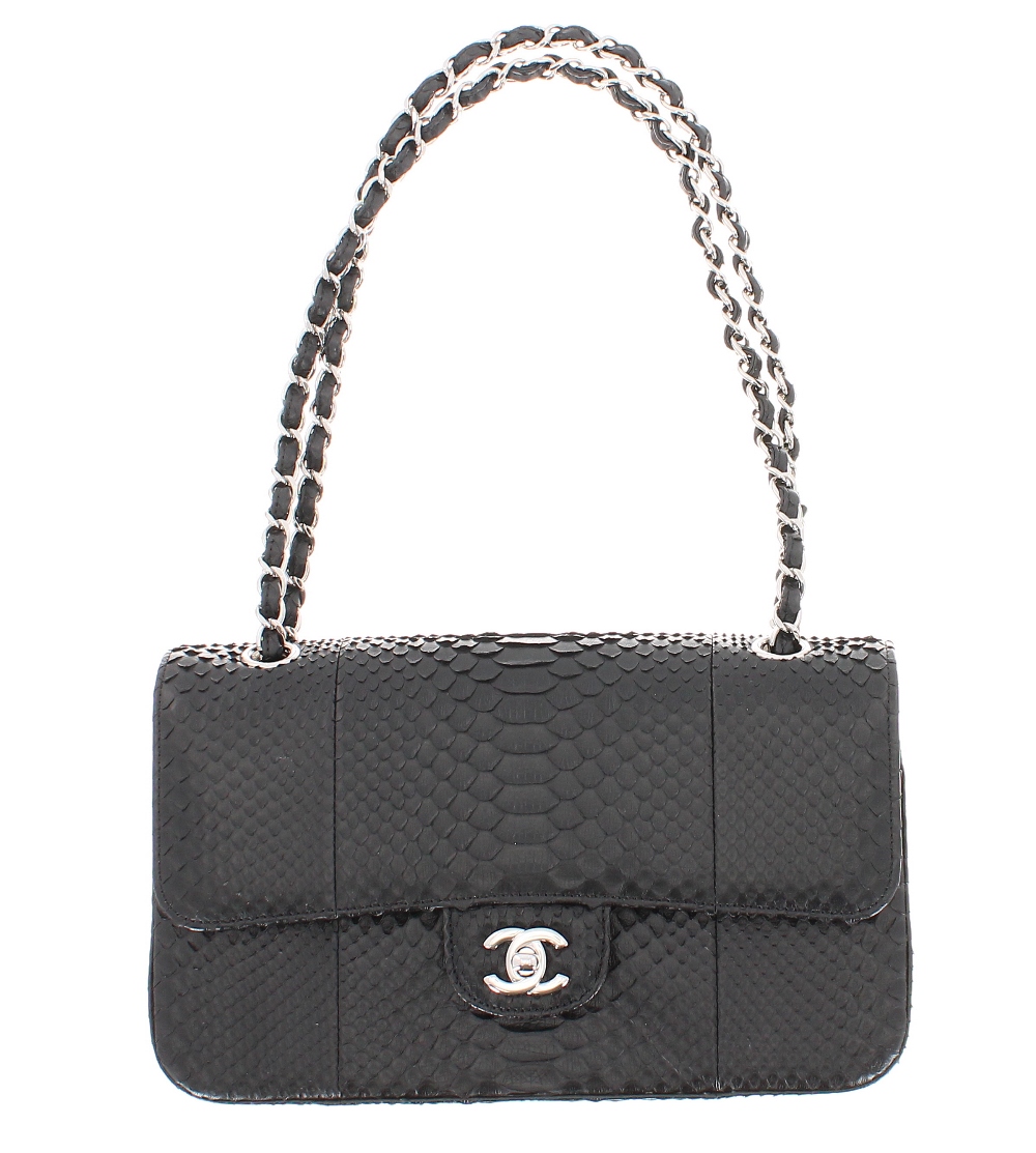 Chanel Classic double flap bag, black snakeskin, with Chanel Boutique sale invoice and