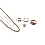 Two 9ct necklaces, three 9ct rings and a 9ct padlock, 15.3gm (350)