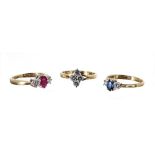 Three 18ct diamond rings to include - 18ct sapphire ruby and diamond trilogy ring, 3.7gm, ring