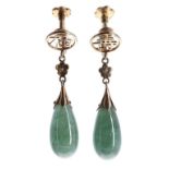 Pair of Chinese jade pear shaped drop earring, marked '14k', 4.9gm, 36mm drop