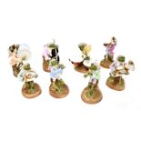 Set of eight German porcelain novelty frog band musician figures, unsigned, each 5" high approx