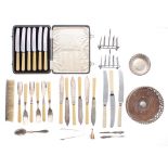 Selection of assorted plated wares and flatware; fish cutlery, cased set of six stainless butter