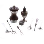 Small selection of silver including a Preece & Williscombe mounted pepper mill, small Joseph