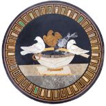 Good Pietra Dura table top inset with Pliny's Doves, within a repeating specimen marble border,