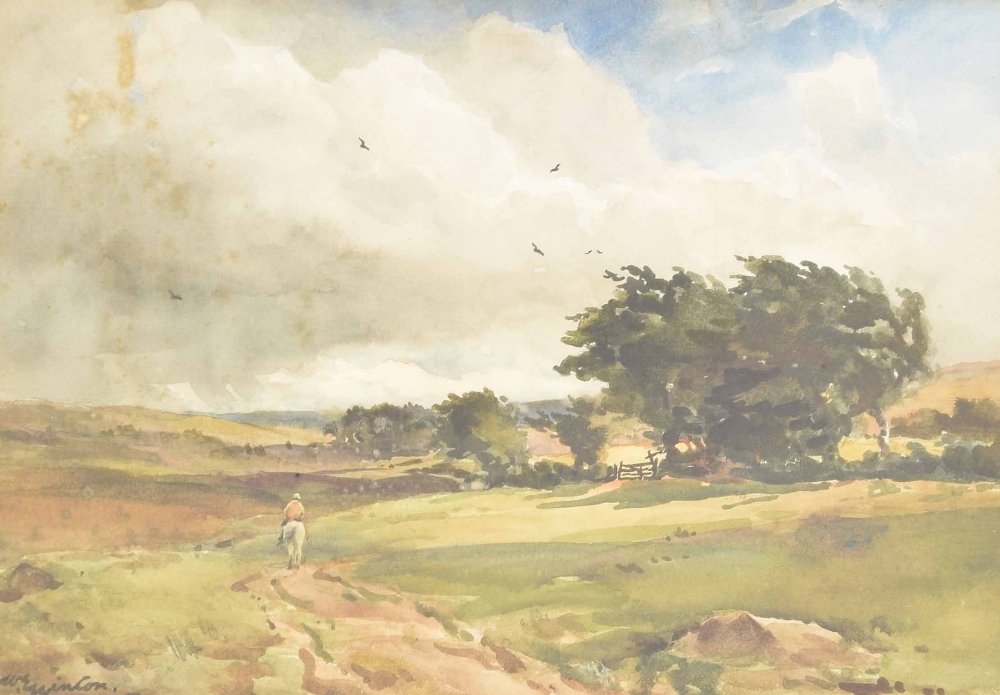 Wycliffe Egginton R.I. R.C. (1875-1951) - windswept landscape with a figure on horseback beside - Image 2 of 4