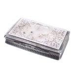 Victorian rectangular silver snuff box, with engraved scrolling decoration around a vacant