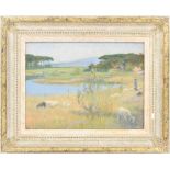 L* Guenozzi (20th century) - Continental landscape with a shepherdess and sheep beside a pond, trees