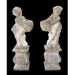 Pair of decorative composite stone cherubs, modelled holding barrel planters, upon shaped square pl