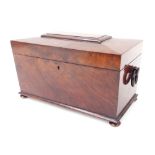 Victorian mahogany sarcophagus shape tea caddy, the hinged cover enclosing divided interior with