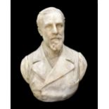 Good carved stone figural bust of a bearded gentleman, wearing a double breasted overcoat, 25" high