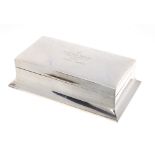 Walker & Hall rectangular silver cigarette box, the hinged cover with presentation engraving dated