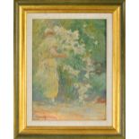 Irish School (20th century) - study of a girl carrying flowers in a sunlit landscape wearing a