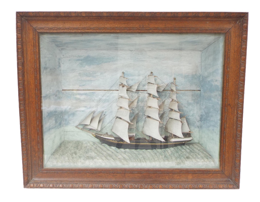 Diorama of a three masted tall ship 'Alice Plat', in a shadow box oak frame with a carved and