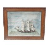 Diorama of a three masted tall ship 'Alice Plat', in a shadow box oak frame with a carved and