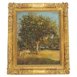 French School (19th century) - sunlit orchard scene inscribed with the date 13/7/89, oil on panel,