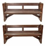 Pair of dark stained pitch pine church pews, 66" wide, 18" deep, 33" high