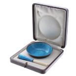 Blue guilloche enamel and white metal bowl, 2.25" diameter, and cigarette holder, 2.75" long, in