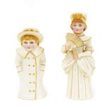 Two Royal Worcester figural porcelain candle snuffers; Town girl with fan, gilt highlighted, 5"