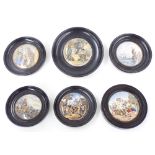 Six framed Staffordshire Pratt ware pot lids, including 'The Best Card', 'The Ning Po River', The