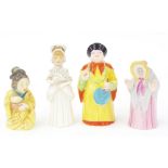 Four Royal Worcester porcelain candle snuffers; Granny Snow, Mandarin, Japanese Girl and Town