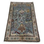 Kashmir silk rug, decorated with animals and birds in trees, 80" x 50" approx