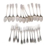 Twelve George IV Irish silver dessert forks, crested finial undersides, maker William Cummins,