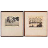 Two framed etchings; one after C A Von Salis, a port believed Genoa, 9" x 10", and the other