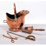 19th century copper coal helmet scuttle with a swing loop handle, 18" high; together wih a copper