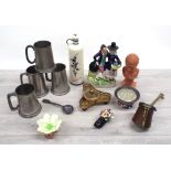 Mixed lot - four pewter tankards, tallest 5.5" high, pewter figural finial spoon, plaster bust
