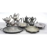 Collection of EPNS pots and table wares, including trays, coffee pots, water pots, by James