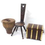 Carved oak spinning wheel chair, 32.5" high; oak brass bound fireside box with a metal liner, 15"