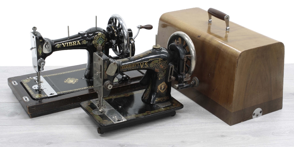 Vibra wooden cased manual sewing machine; together with a Bradbury's family V.S sewing machine (2)