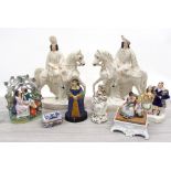 Collection of pottery and porcelain including pair of Staffordshire figures on horseback, a