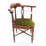 Edwardian carved oak corner chair, 26" wide max, 23" deep max, seat 16" high, back 30" high