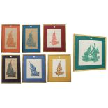 Seven Indian School coloured rubbing pictures on paper of religious figures, each within mounts